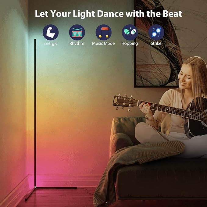 RGB Corner Floor Lamp, Bluetooth APP and Remote Control Music Sync LED Modern Floor Lamp for Living Room, Light Timing, 398 Dimmable Modes, 64.5" RGB Color Changing Mood Lighting - LeafyLoom