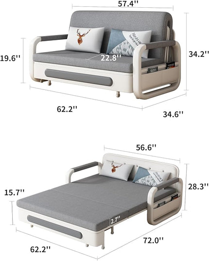 62" Modern Light Gray Cotton Linen Upholstered Convertible Pull Out Sofa Bed Storage - LeafyLoom