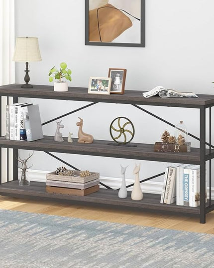 IBF Wood and Metal Book Shelf, Industrial Rustic Low 3 Tier Bookshelf, Farmhouse Long Wide Vintage Horizontal Bookcase, Modern Large Open Etagere for Home Office Living Room Bedroom, Gray Oak, 63 Inch - LeafyLoom