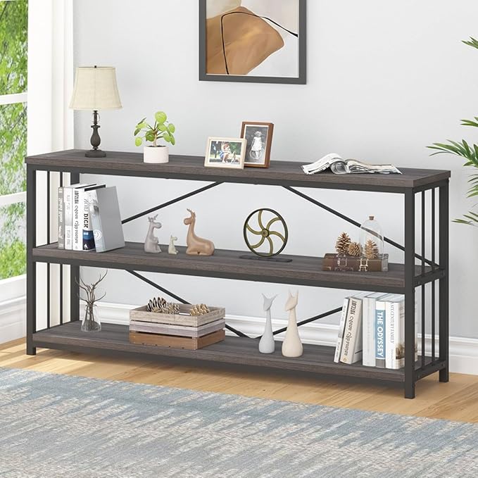 IBF Wood and Metal Book Shelf, Industrial Rustic Low 3 Tier Bookshelf, Farmhouse Long Wide Vintage Horizontal Bookcase, Modern Large Open Etagere for Home Office Living Room Bedroom, Gray Oak, 63 Inch - LeafyLoom