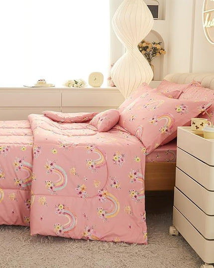 Mooreeke Full Size Comforter Sets for Girls Kids, 8 Pieces Bed in a Bag Pink Rainbow Flowers Bedding Comforter Sheet Set with Shams and Decorative Toy Pillow, Ultral Soft Microfiber Kids Bed Set - LeafyLoom