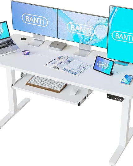 BANTI 63" x 24" Height Adjustable Electric Standing Desk with Keyboard Tray, Sit Stand up Desk with Splice Board, White Frame/White Top - LeafyLoom
