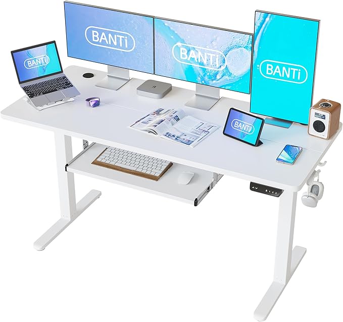 BANTI 63" x 24" Height Adjustable Electric Standing Desk with Keyboard Tray, Sit Stand up Desk with Splice Board, White Frame/White Top - LeafyLoom