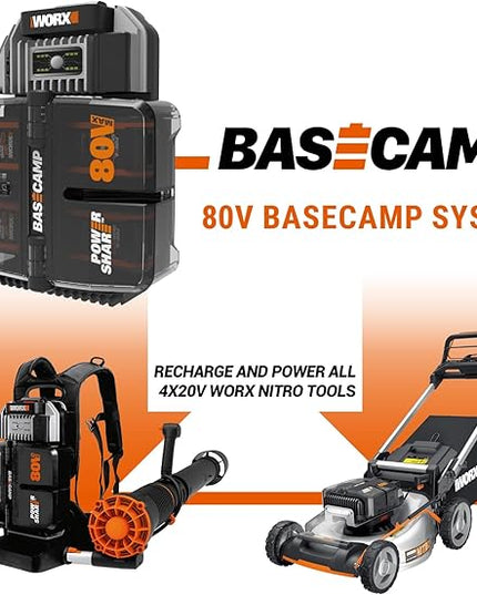 Worx Nitro 80V Cordless Leaf Blower, 800 CFM 150 MPH, Brushless Backpack Electric Leaf Blower WG572, Turbine Fan, Variable Air Control – 4 PowerShare Batteries, Basecamp Charger Included - LeafyLoom
