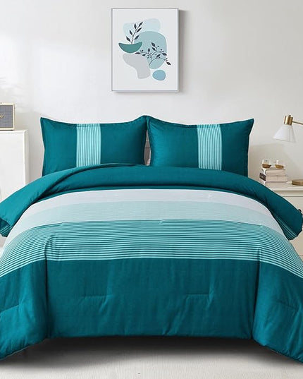 WONGS BEDDING Comforter Set Queen, Reversible Teal Blue Striped Patchwork Down Alternative Comforter for Queen Bed,3 Pieces (1 Comforter+2 Pillowcases), Soft Microfiber Bedding Set 90"×90" - LeafyLoom