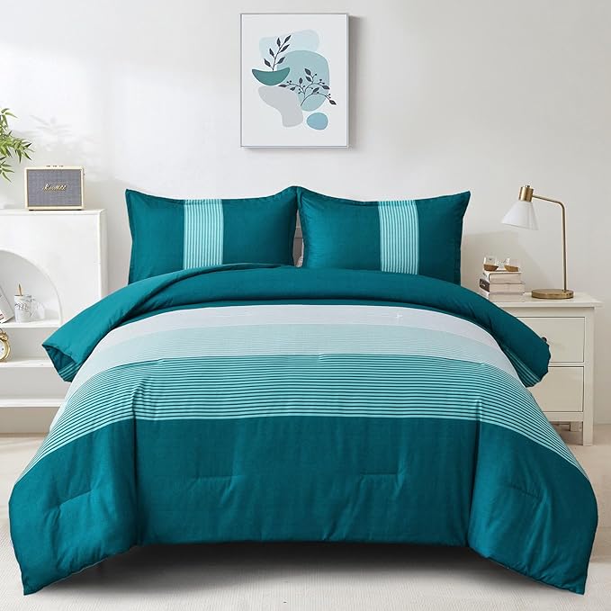 WONGS BEDDING Comforter Set Queen, Reversible Teal Blue Striped Patchwork Down Alternative Comforter for Queen Bed,3 Pieces (1 Comforter+2 Pillowcases), Soft Microfiber Bedding Set 90"×90" - LeafyLoom