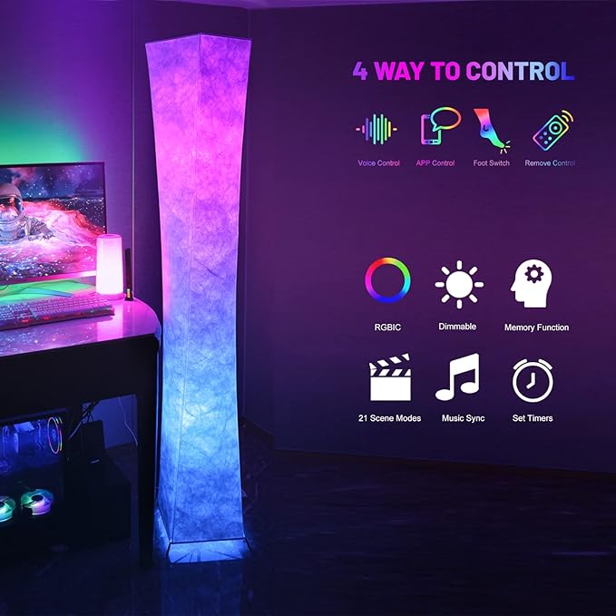 LEONC 65" Soft Light Floor Lamp for Game Room and TV, RGB Color Changing LED, Tyvek Fabric Shade, Smart App Control, Compatible with Alexa & Google Home, Music Sync and Multi Scene Modes,Floor Lamp - LeafyLoom
