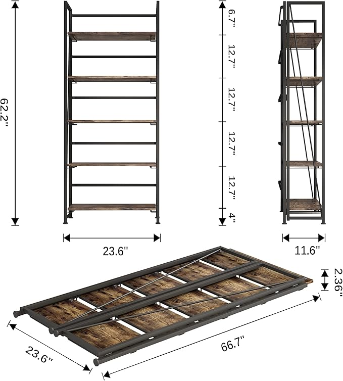 4NM No-Assembly Folding Bookshelf Storage Shelves 5 Tiers Vintage Bookcase Standing Racks Study Organizer Home Office (Rustic Brown and Black) - LeafyLoom