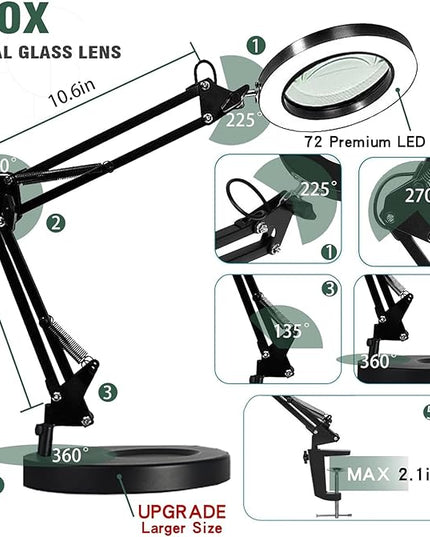 Magnifying Glass with Light and Stand, 10X Magnifying Lamp, 2-in-1 Magnifying Desk Lamp with Clamp, 3 Color Mode, Magnifying Glasses with Light for Close Work (2nd Generation Base ＆ Clamp) - LeafyLoom