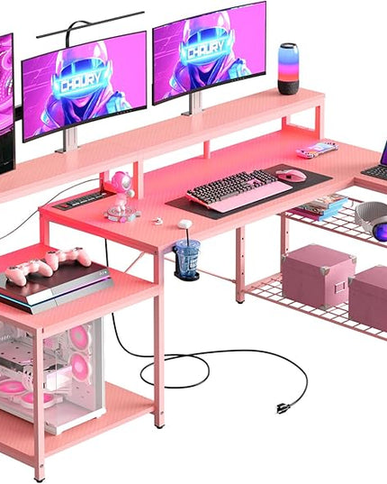 Bestier 71.5 inch Gaming Desk with Power Outlet, Large LED Computer Desk with Monitor Stand, L Shaped Desk with Storage Shelf, Cup Holder & Headset Hooks, Corner Gamer Desk for Bedroom Pink - LeafyLoom
