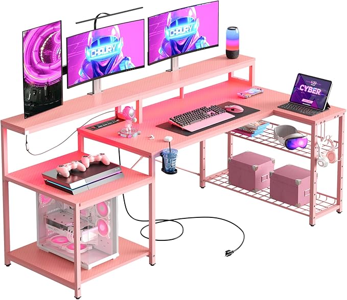 Bestier 71.5 inch Gaming Desk with Power Outlet, Large LED Computer Desk with Monitor Stand, L Shaped Desk with Storage Shelf, Cup Holder & Headset Hooks, Corner Gamer Desk for Bedroom Pink - LeafyLoom