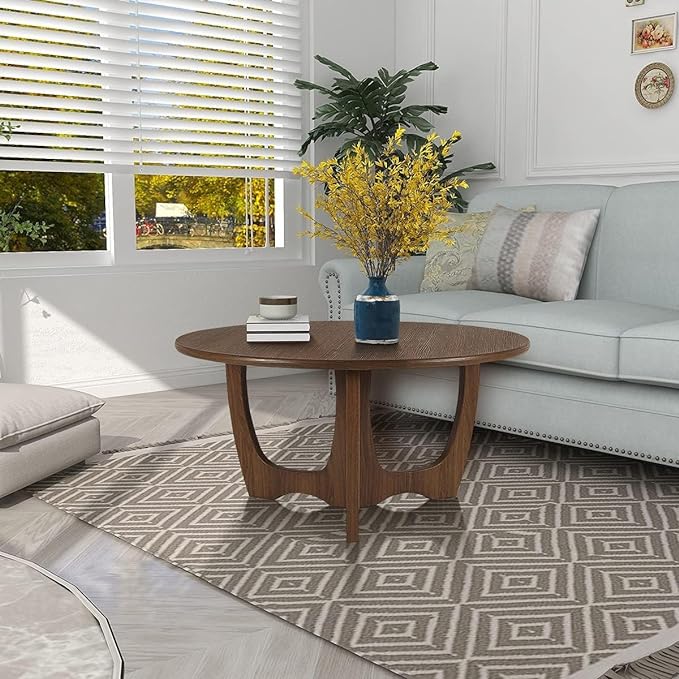 FINECASA Wooden Round Coffee Table Curved Leg, Accent Couch,Home Decoration, Living Room Tables, 36 x 18 Inches, Chestnut Color - LeafyLoom