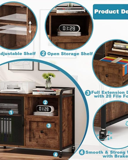 BON AUGURE Filing Cabinet for Home Office, Rolling Lateral File Cabinet with Storage, Wood Metal Printer Stand with Drawer (Rustic Oak) - LeafyLoom
