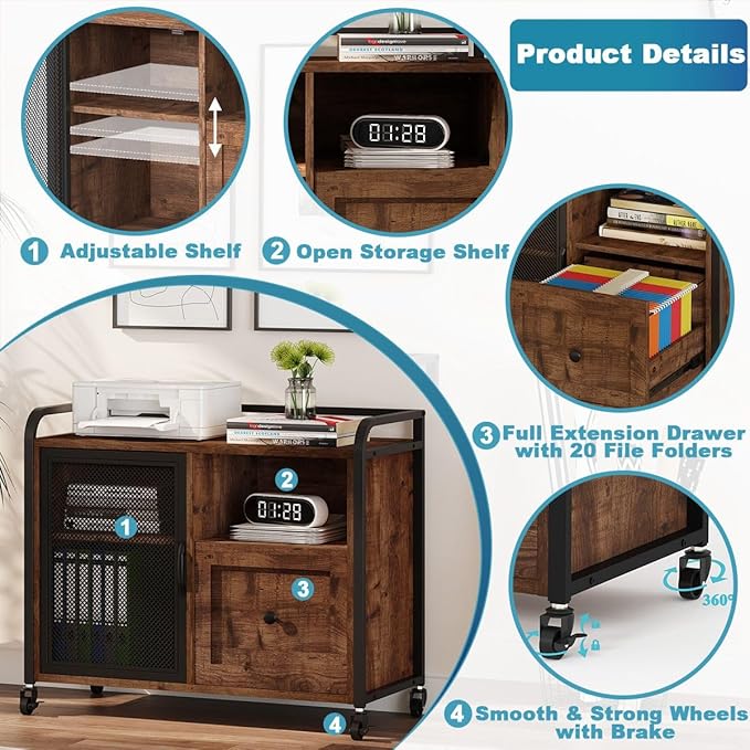 BON AUGURE Filing Cabinet for Home Office, Rolling Lateral File Cabinet with Storage, Wood Metal Printer Stand with Drawer (Rustic Oak) - LeafyLoom