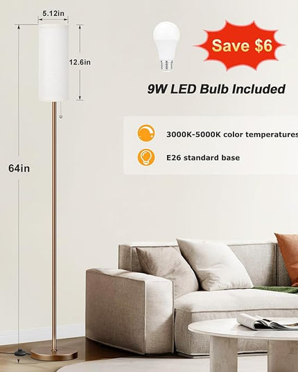Ambimall Floor Lamp for Living Room with 3 Color Temperatures Bulb, 64" Standing lamp with Linen lampshade for Bedroom, Minimalist Pole Lamp, Dark Beige Shade & Brown Pole - LeafyLoom