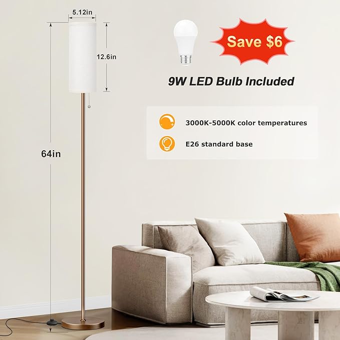 Ambimall Floor Lamp for Living Room with 3 Color Temperatures Bulb, 64" Standing lamp with Linen lampshade for Bedroom, Minimalist Pole Lamp, Dark Beige Shade & Brown Pole - LeafyLoom