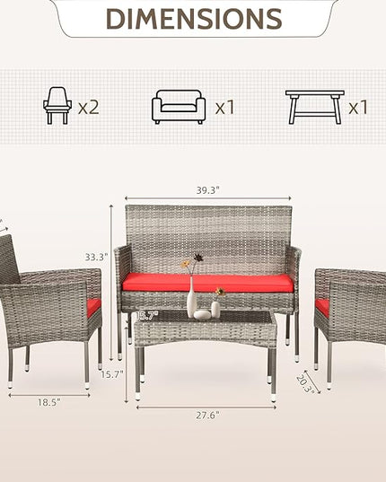 FDW 4 Pieces Outdoor Furniture Set Patio Conversation Set Wicker with Rattan Chair Loveseats Coffee Table for Outdoor Indoor Garden Backyard Porch Poolside Balcony,Gray Wicker/Red Cushions - LeafyLoom