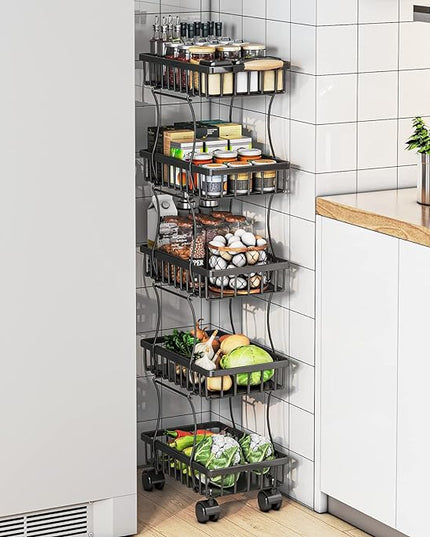 Wisdom Star 5 Tier Fruit Vegetable Basket for Kitchen, Fruit Vegetable Storage Cart, Vegetable Basket Bins, Wire Storage Basket Organizer Utility Cart with Wheels, Medium, Black - LeafyLoom