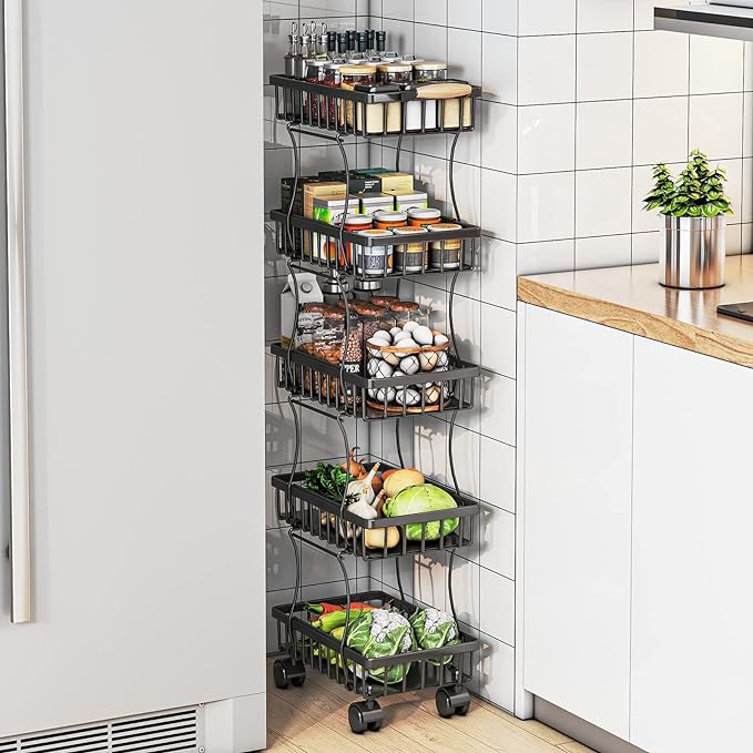 Wisdom Star 5 Tier Fruit Vegetable Basket for Kitchen, Fruit Vegetable Storage Cart, Vegetable Basket Bins, Wire Storage Basket Organizer Utility Cart with Wheels, Medium, Black - LeafyLoom