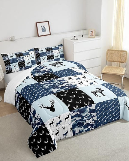 Cute Deer Comforter Set Full, Military Camo Bedding Set for Kids Boys Teens Bedroom Tribal Animal Antlers Silhouette Quilted Comforter Checkered Plaid Arrows Bedding Comforters, Army Blue and White - LeafyLoom