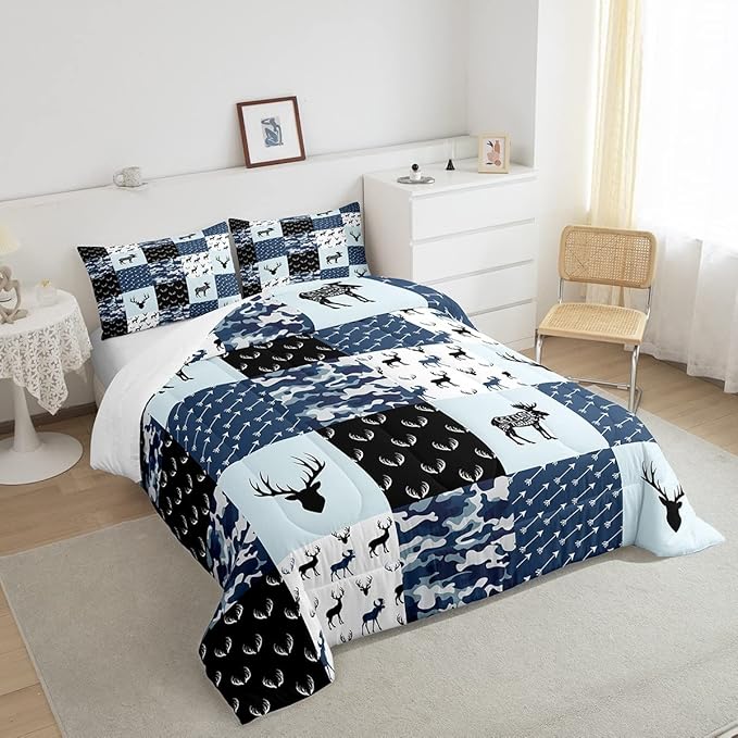 Cute Deer Comforter Set King, Military Camo Bedding Set for Kids Boys Girls Teens Bedroom Tribal Animal Antlers Silhouette Quilted Comforter Checkered Plaid Arrows Bedding Comforters, Army Blue&White - LeafyLoom