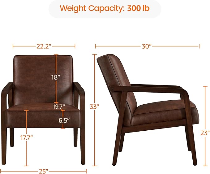 Yaheetech PU Leather Accent Chair, Mid-Century Modern Barrel Chair with Wooden Frame and Soft Thick Padded for Living Room Bedroom Home Office, Dark Brown - LeafyLoom