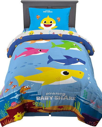 Franco Kids Bedding Super Soft Comforter and Sheet Set, 4 Piece Twin Size, Baby Shark - LeafyLoom