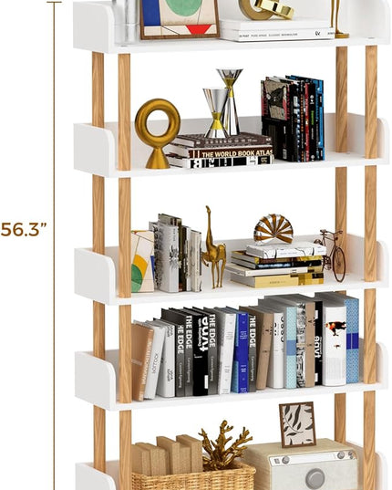 5-Tier Wooden Bookshelf, Modern Open Bookcase with Top Edge and Solid Wood Frame, Freestanding Bookshelf Storage Organizer for Home Office Living Room - LeafyLoom