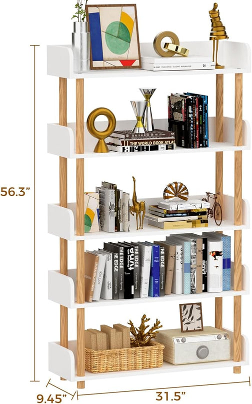 5-Tier Wooden Bookshelf, Modern Open Bookcase with Top Edge and Solid Wood Frame, Freestanding Bookshelf Storage Organizer for Home Office Living Room - LeafyLoom