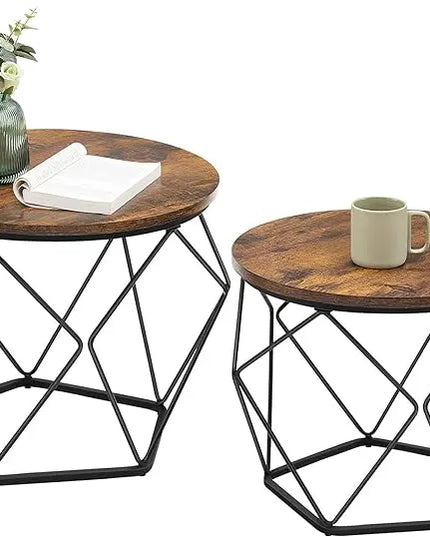 VASAGLE Small Coffee Table Set of 2, Round Coffee Table with Steel Frame, Side End Table for Living Room, Bedroom, Office, Rustic Brown and Ink Black - LeafyLoom