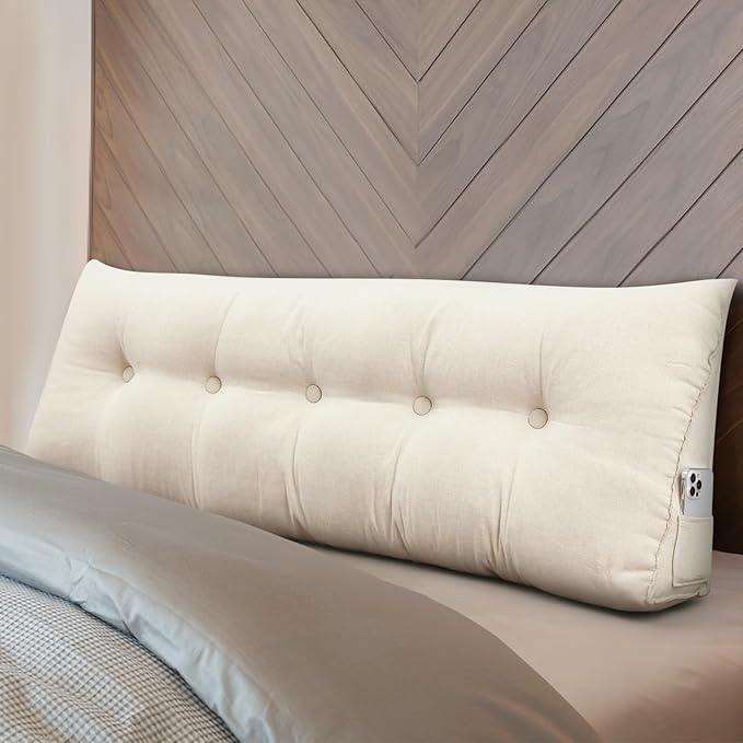 Headboard Wedge Pillow Triangular Bed Rest Reading Backrest Body Bolster Cushion Back Support Long Bolster Pillow for Bed Gifts with Removable Cover(Beige, Queen (59 x 20 x 8 Inch)) - LeafyLoom