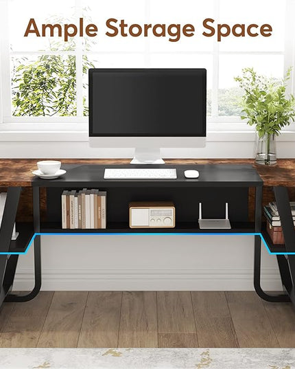 Tribesigns 63 inch Computer Desk Modern Office Desk with Shelf for Home Office, Large Writing Table Wood Business Workstation with Storage Shelves and Sturdy Metal Frame for Study Bedroom, Black Brown - LeafyLoom