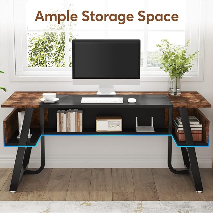 Tribesigns 63 inch Computer Desk Modern Office Desk with Shelf for Home Office, Large Writing Table Wood Business Workstation with Storage Shelves and Sturdy Metal Frame for Study Bedroom, Black Brown - LeafyLoom