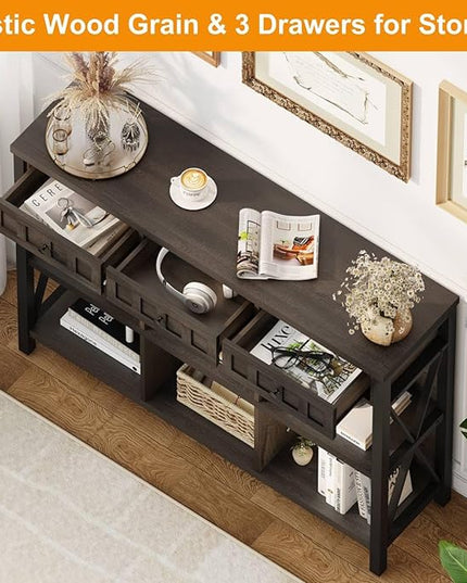 FATORRI Rustic 6 Cube Storage Organizer Shelf with 3 Drawers, Long Horizontal Bookshelf, Industrial Wood and Metal Cubby Bookcase (Walnut Brown, 47 Inch) - LeafyLoom