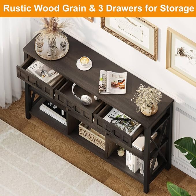 FATORRI Rustic 6 Cube Storage Organizer Shelf with 3 Drawers, Long Horizontal Bookshelf, Industrial Wood and Metal Cubby Bookcase (Walnut Brown, 47 Inch) - LeafyLoom