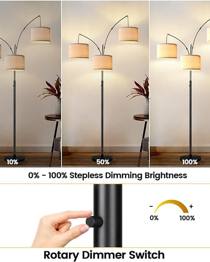Dimmable Floor Lamp - 3 Lights Arc Floor Lamps for Living Room, 1000LM Modern Tall Standing Lamp with Beige Shades & Heavy Base, Mid Century Tree Floor Lamp for Bedroom Office, 3 LED Bulbs Included - LeafyLoom
