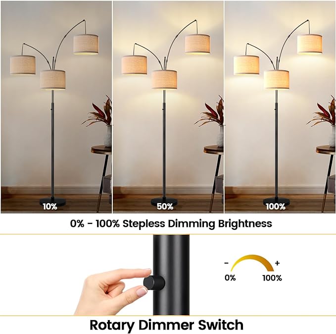 Dimmable Floor Lamp - 3 Lights Arc Floor Lamps for Living Room, 1000LM Modern Tall Standing Lamp with Beige Shades & Heavy Base, Mid Century Tree Floor Lamp for Bedroom Office, 3 LED Bulbs Included - LeafyLoom