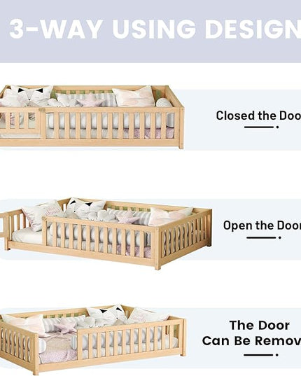 Multifunctional Full Size Floor Bed with Safety Guardrails and Door, Removable Wood Slats, Montessori Beds Frame for Toddlers, for Boys and Girls, Natural - LeafyLoom
