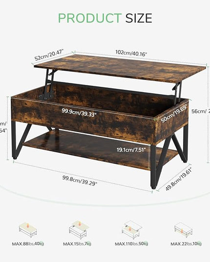 Novilla Lift Top Coffee Table with Storage 40 Inch Wood Lift Up Center Table for Living Room Tea Table with Hidden Compartment Rising Tabletop Table Cocktail Table, Rustic Brown - LeafyLoom
