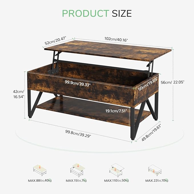 Novilla Lift Top Coffee Table with Storage 40 Inch Wood Lift Up Center Table for Living Room Tea Table with Hidden Compartment Rising Tabletop Table Cocktail Table, Rustic Brown - LeafyLoom