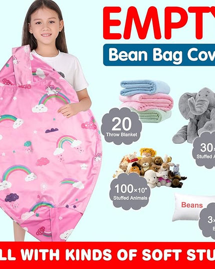 Lukeight Unicorns Stuffed Animal Storage Bean Bag Chair Cover for Kids, Unicorns Zipper Beanbag Chair Cover for Organizing Toddler & Kids' Rooms Plush Toys (Rainbow Pink, XX-Large) - LeafyLoom
