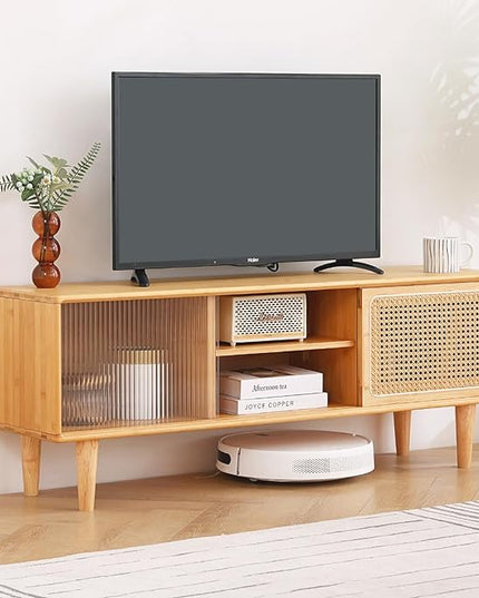 Tiita Rattan TV Stand for 55 Inch TV, Bamboo TV Cabinet with Adjustable Shelf and Storage, Boho Entertainment Center, Mid Century Modern Media Console for Bedroom, Living Room, Study (Natural) - LeafyLoom