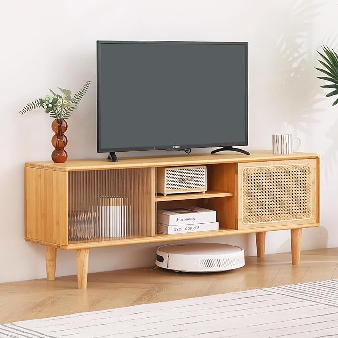 Tiita Rattan TV Stand for 55 Inch TV, Bamboo TV Cabinet with Adjustable Shelf and Storage, Boho Entertainment Center, Mid Century Modern Media Console for Bedroom, Living Room, Study (Natural) - LeafyLoom