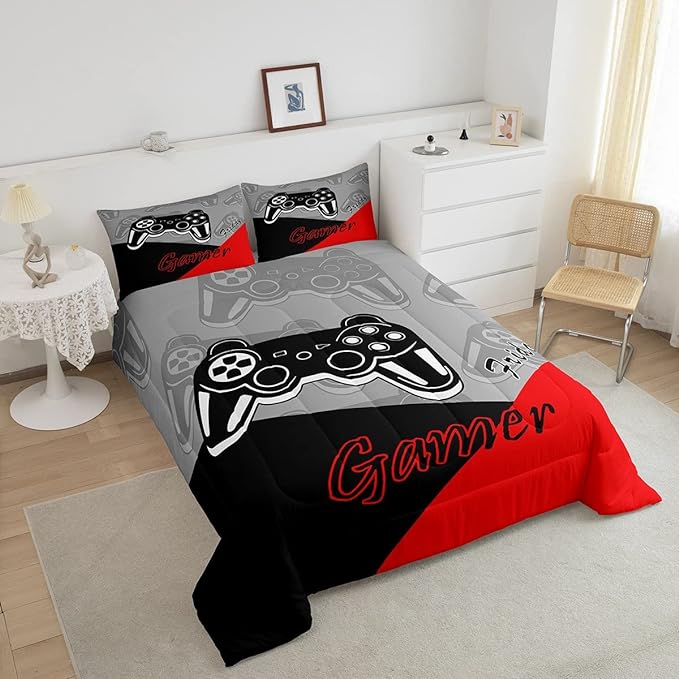 Feelyou Kids Gaming Twin Size Comforter Video Game Bedding Sets for Child Boys Teen Gamer Down Comforter All Season Reversible Game Controller Home Decor,1 Comforter with 1 Pillowcase, Red - LeafyLoom