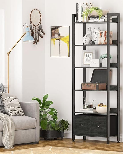 Furologee 6-Tier Bookshelf, Tall Bookcase with 2 Drawers Storage Organizer, Industrial Display Free Standing Shelf Units, Wood and Metal Storage Rack for Home Office, Bedroom, Black Oak - LeafyLoom