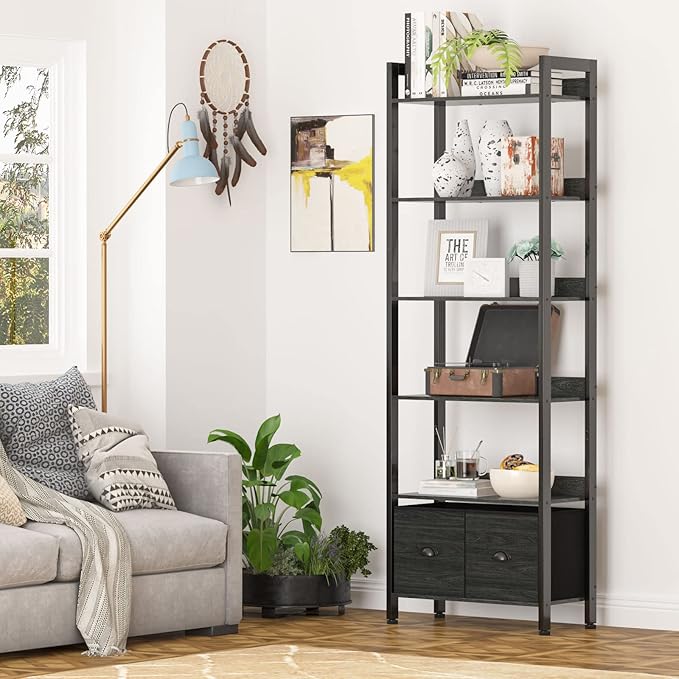 Furologee 6-Tier Bookshelf, Tall Bookcase with 2 Drawers Storage Organizer, Industrial Display Free Standing Shelf Units, Wood and Metal Storage Rack for Home Office, Bedroom, Black Oak - LeafyLoom