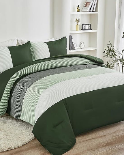 WONGS BEDDING Comforter Set King, Reversible Olive Green Striped Down Alternative Comforter for King Bed,3 Pieces (1 Comforter+2 Pillowcases), Soft Microfiber Bedding Duvet Set 104"×90" - LeafyLoom