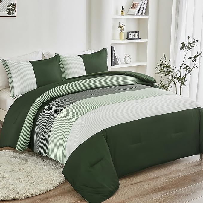 WONGS BEDDING Comforter Set King, Reversible Olive Green Striped Down Alternative Comforter for King Bed,3 Pieces (1 Comforter+2 Pillowcases), Soft Microfiber Bedding Duvet Set 104"×90" - LeafyLoom