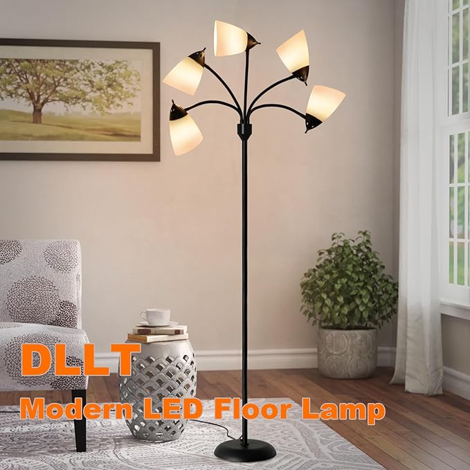 DINGLILIGHTING Floor Lamp Tall for Room: Flexible Gooseneck Floor Lamps Standing for Bedroom Home Office - Modern Floor Lights 5-Light - LeafyLoom