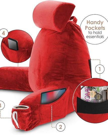 Clara Clark Reading Pillow, Large Back Pillow for Sitting Up in Bed, Memory Foam Back Support Pillow, Reading Pillows for Sitting in Bed Adult, Red Sit Up Pillow for Bed Chair with Arms and Pockets - LeafyLoom